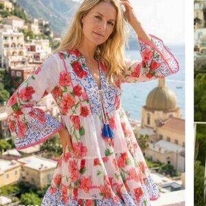 Antica Sartoria 2026 Bohemian Floral Tiered Tunic Dress - Fuchsia Floral NWT O/S